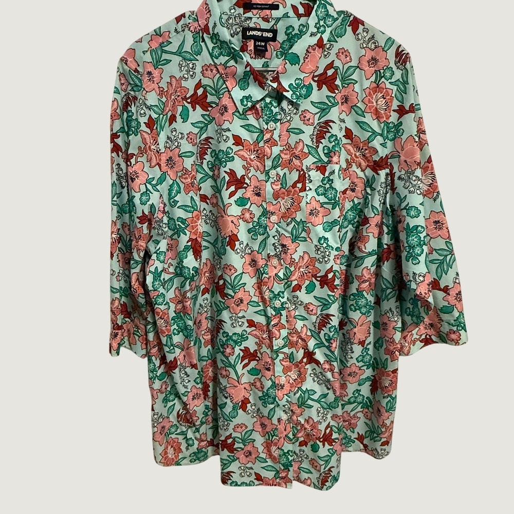 Lands End Womens 24W No Iron Supima Cotton Floral Button Down Shirt 3/4 Sleeve